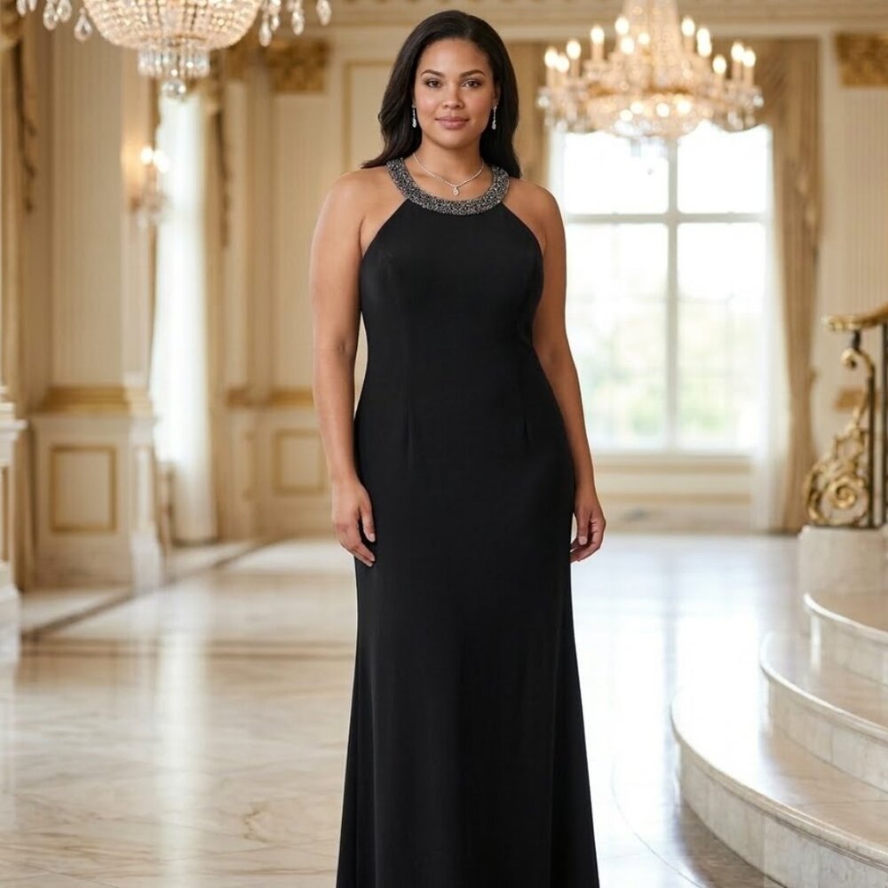 NWT Jones New York Women's Black Beaded Halter Dress 14